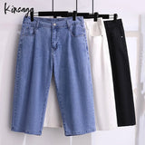 Plus Size Capris Jeans Bermudas Women 7xl Extra Large Simple Classic Elastic High Waist Straight Leg Cropped Demin Pants Female