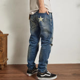 Nostalgia washed heavy slim-fit straight stretch jeans male cat must be brushed white to make old denim long pants