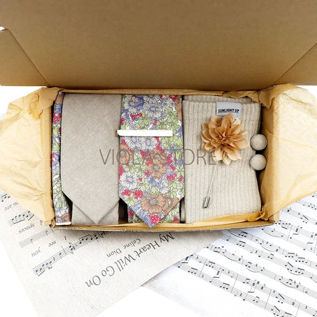 Viola Design Gift Box Hot Solid Floral Cotton Sock Necktie Set Clip Cufflinks Pin Hanky Men Wedding Party Daily Cravat Accessory