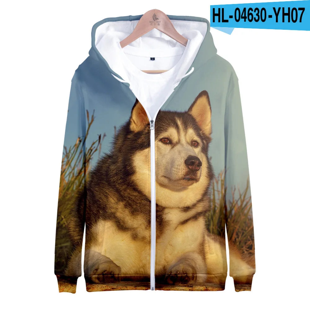 Animal Dog Husky 3D Print Zip Up Hoodie Women Men Harajuku Sweatshirt Streetwear Hip Hop Zipper Hooded Jacket Male Tracksuit