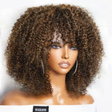 Short Afro Kinky Curly Wig With Bangs Brazilian Brown Highlight Glueless Full Machine Wig 250 Density Jerry Curl For Black Women