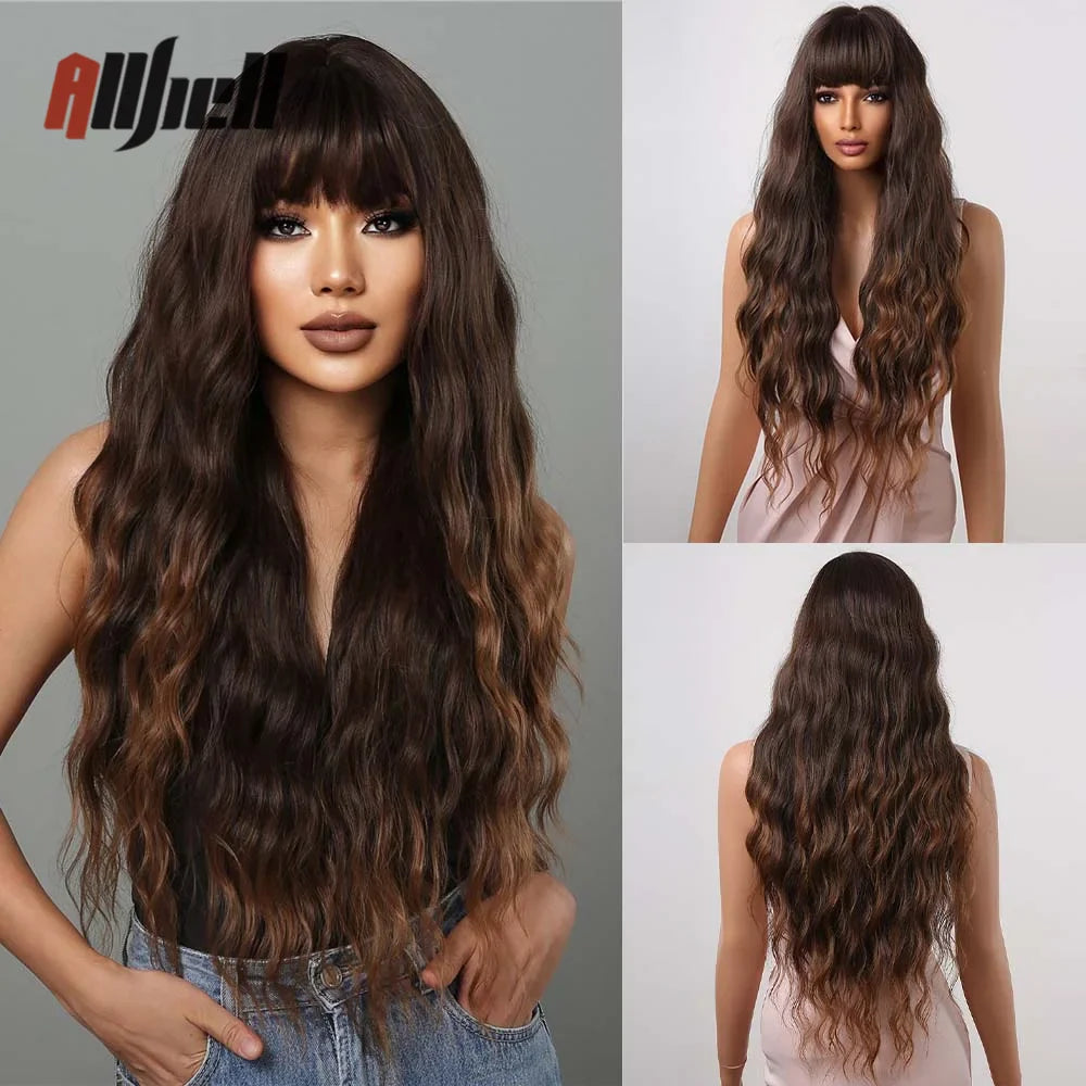 Copper Ginger Brown Wigs with Bangs Natural Synthetic Long Wavy Wigs for Black Women Afro Cosplay Daily Heat Resistant Hair Wig