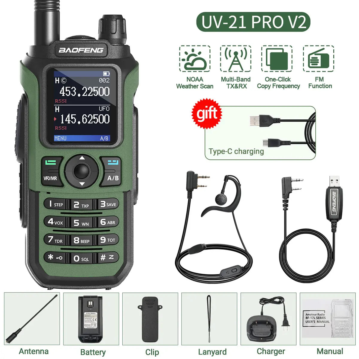 Baofeng UV-21 PRO V2 Walkie Talkie Wireless Copy Frequency Professional  Long Range 16 km High Power Two Way Ham Radio