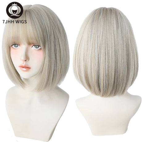 7JHH WIGS Black Short Bob Wig for Girl Daily Wear Synthetic Wig New Style Natural Supple Summer  Heatresistant Wig With Bangs