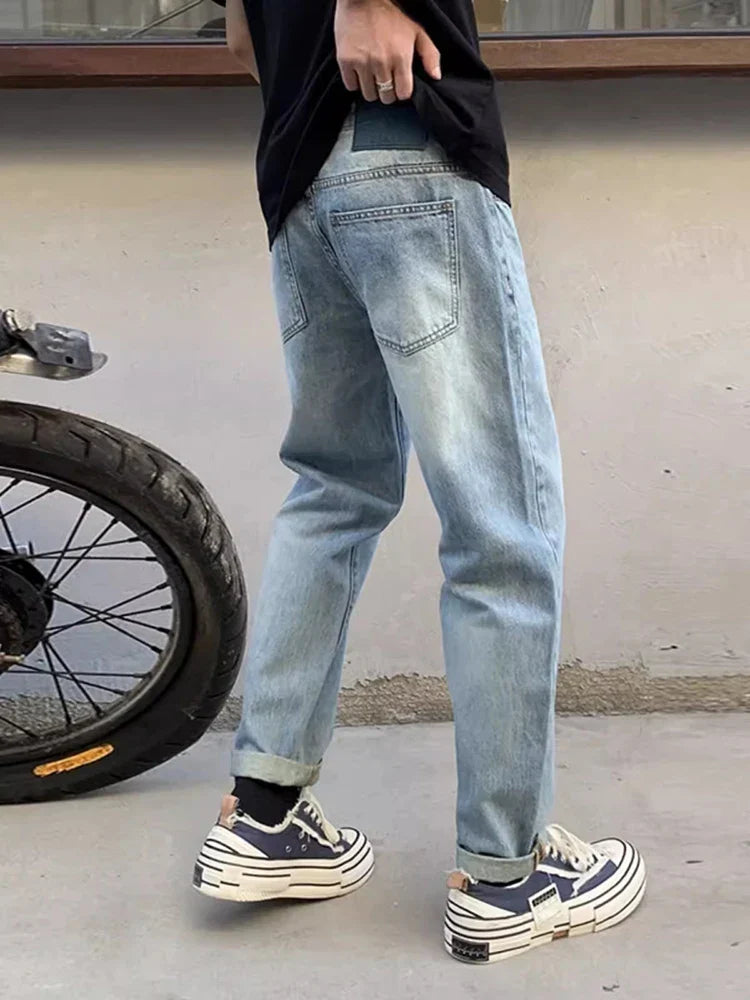 REDDACHIC Light Wash Blue Straight Jeans for Men Plain Cleanfit Brushed Rolled Denim Pants 90s Retro Trousers Korean Streetwear