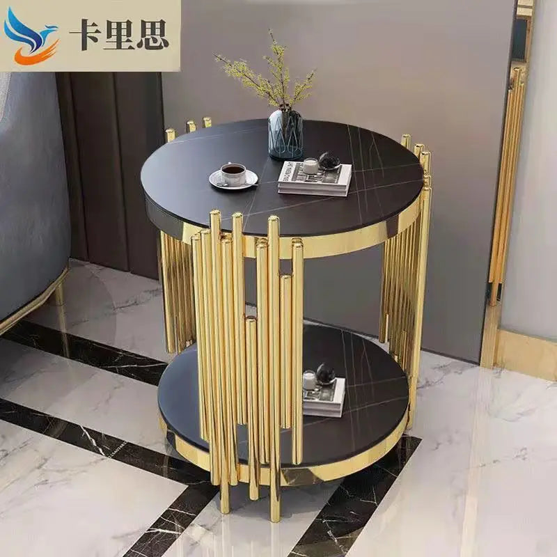 Light luxury style living room central dining table round coffee table double table top rock steel coffee table طاولة قهوة mesa