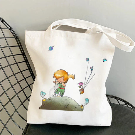 Fashion Trend Cartoon Print Canvas Tote Bag Korea Shopping Bag Ladies Daily Versatile Shoulder Bag Little Prince Pattern Handbag