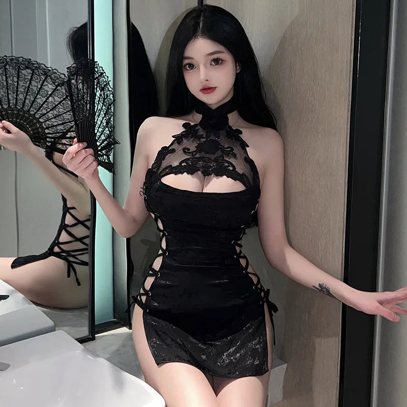 Sexy High Slit Hollow Lace Cheongsam Skirt Set Bandage Pajamas Erotic Lingerie Traditional Chinese Qipao Dress Women Sex Costume