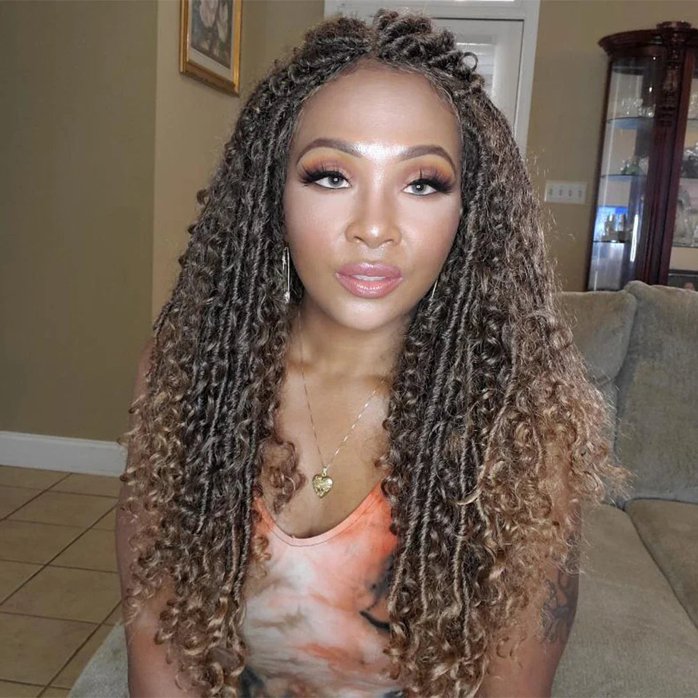 X-TRESS Goddess Faux Locs Wigs Long Braided Lace Front Synthetic Braids Wig Bohemian Curly Hair Crochet Braiding Hair for Women