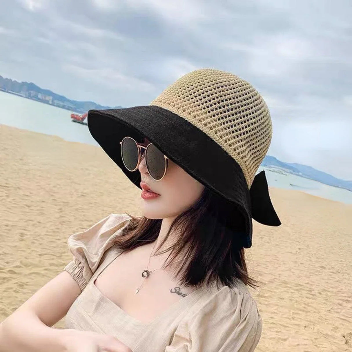 Outdoor Foldable Wide Brim Floppy Girls Straw Hat Sun Hat Beach Summer Hat UV Protect Travel Cap Lady Cap Female Bucket Hat