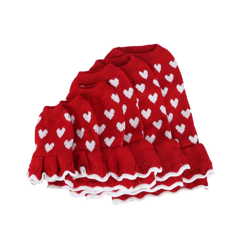 Pet Sweater Love Heart Red Skirt Round-neck Slim Pet Clothes Warm Knit Clothes for Dog Cat Holiday Clothes for Cat Dogs Apparels