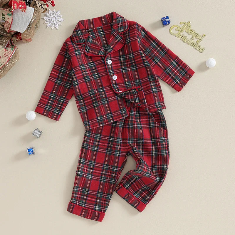 Christmas Kids Girls Boys Pajamas Set Loungewear Suit Plaid Button up Long Sleeve Shirt and Elastic Pants 2PCS Toddler Sleepwear