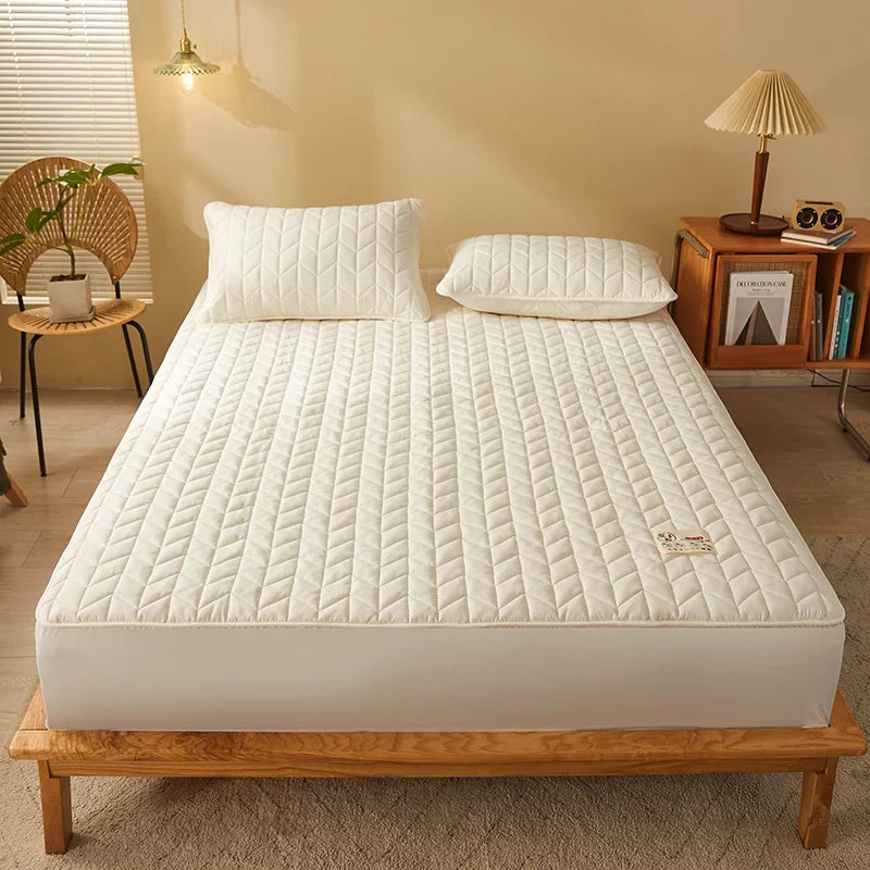 Cotton Quilted Fitted Mattress Cover Solid Color Soy Fibre Fitted Sheet Soft Bed Cover Mattress Topper Protector No Pillowcase