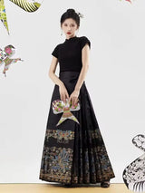 Chinese Style Traditional Pleated Skirt For Women Black Mamianqun Hanfu Thin Fashion All-match DIY Lace-up Long Skirts Womenwear