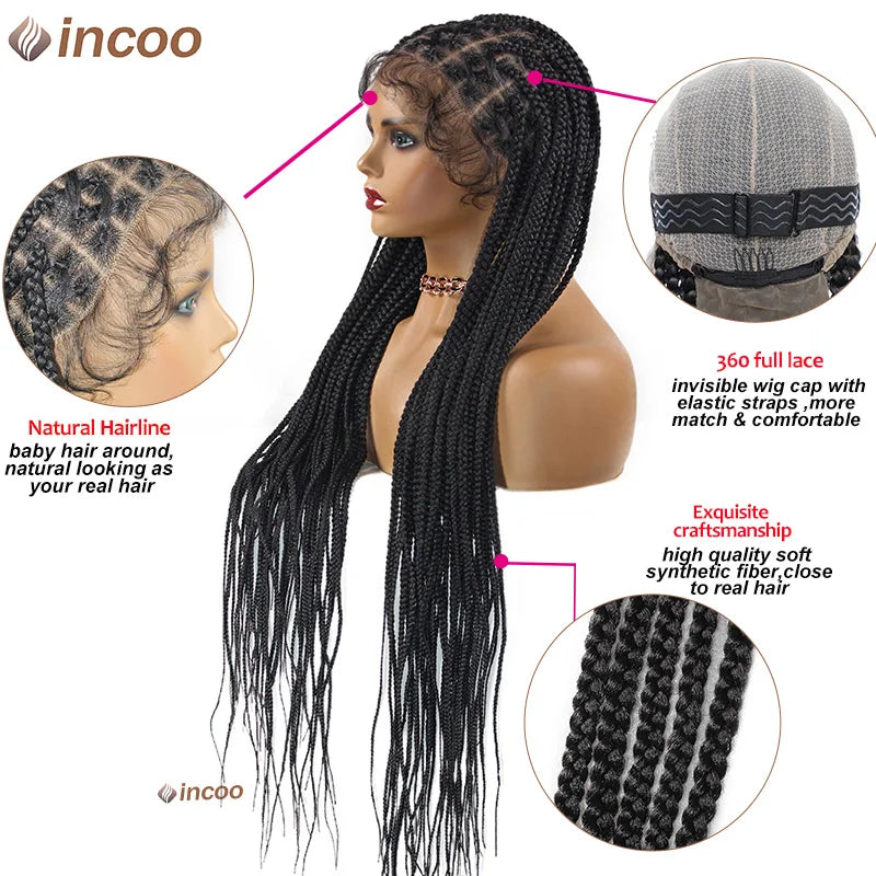 36‘’ Full Lace Braided wigs Lace Front Wig Long Criss Cross Knotless Box Braids Wig Ombre Synthetic Braided Wigs for Black Women