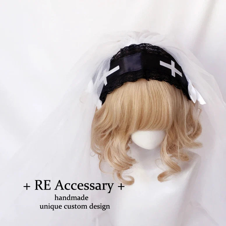 Lolita headpiece Night Church Virgin Cross Embroidered Shawl Headband veil gothic lolita