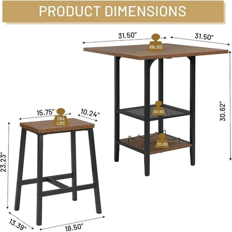 5 Piece Bar Table & Chair Set, Industrial Countertop Height Bar Table with 4 Stools, Kitchen Table Set with Shelves