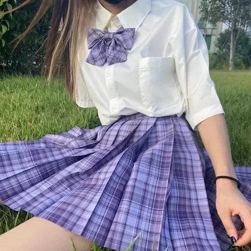 Japanese Uniform Korean School JK Uniform Shirt Plaid Skirt Set South Korea Students Short Sleeve Pleated Skirt Set Girl Seifuku