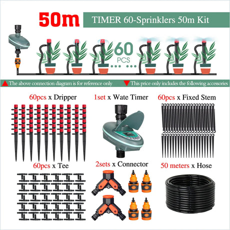 50-5M Garden 13cm Sprinkler Drip Wateing Systems Smart Timer 1/4“ Hose Automatic Irrigation Equipment for Greenhouse Bonsai Yard