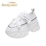 New 2022 Women Hidden Heels Sneakers 8CM High Platform Wedges Sneakers Autumn Chunky Leather Shoes Woman Lace Up Dad White Shoes