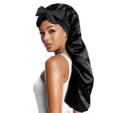 Women Satin Bonnets Adjustable Long Barrel Nightcap Solid Color Bow Lady Sleepcap Dry Hair Shower Hat Beauty And Hair Care Cap