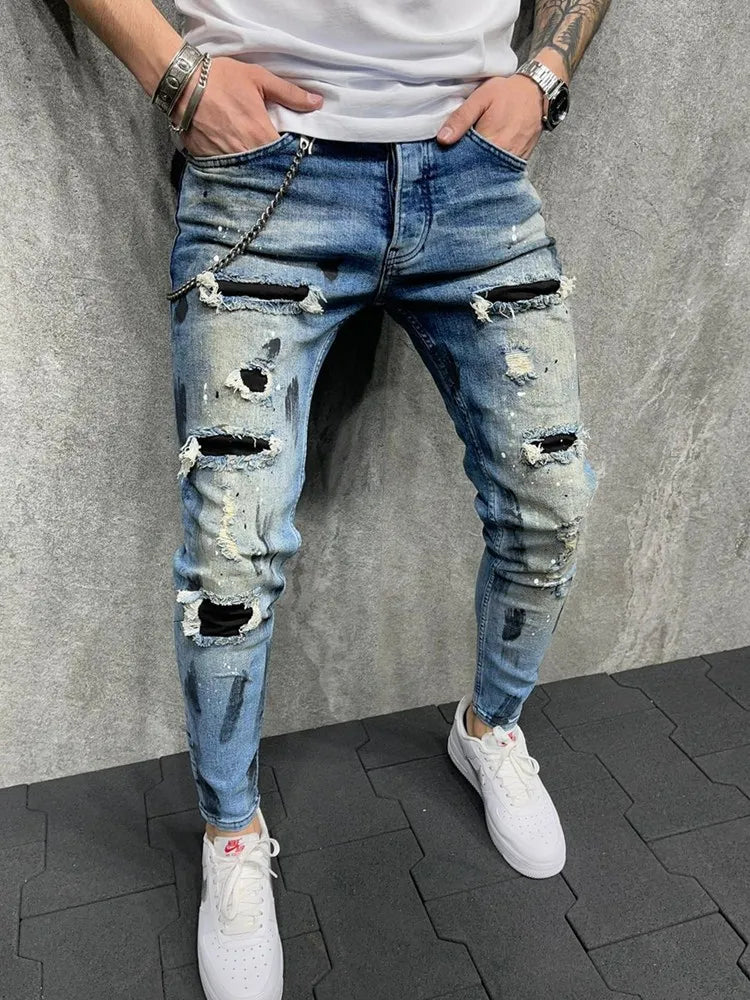 Men Jeans Knee Hole Ripped Stretch Skinny Denim Pants Solid Splice Color Blue Autumn Summer Hip-Hop Style Slim Fit Trousers 2023