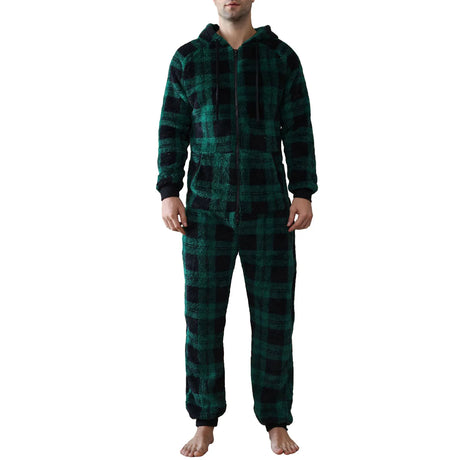 Men's Hooded Jumpsuit Pajamas Long Sleeve V Neck Zip Up Romper Pants Fall Winter Warm Loungewear Sleepwear