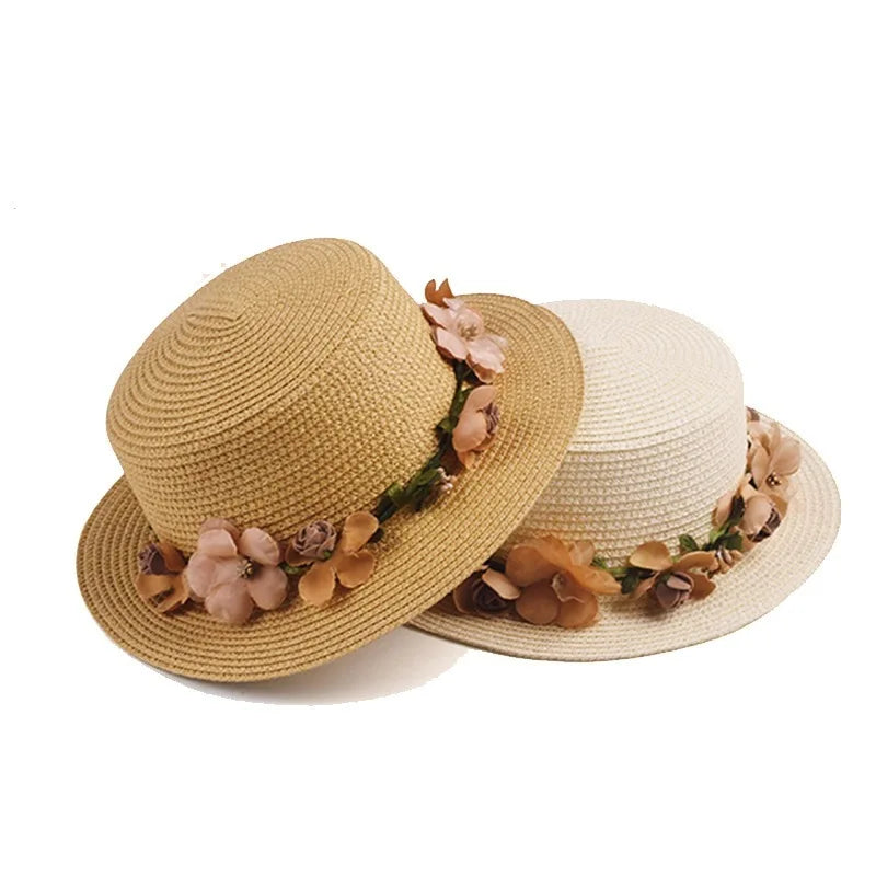 Simple Parent-child Summer New Women's Sun Hat Bucket cap beige lace Bowknot Flowers Ribbon Flat top Straw Hat Beach Caps Panama