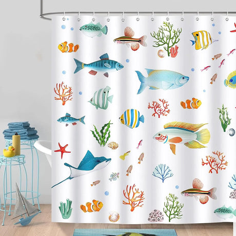 Colorful Tropical Fish Shower Curtains Ocean Animals Kids Bath Curtain Polyester Fabric Waterproof Bathroom Decor Set with Hooks