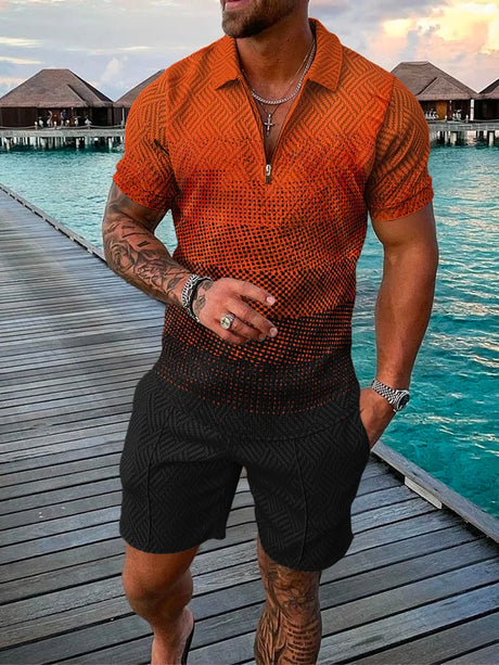 Men's Tracksuit Cotton Solid Color Short Sleeve Zipper Polo Shirt&Shorts Set for Men Casual Streetwear 2-piece Suit 2023 Summer