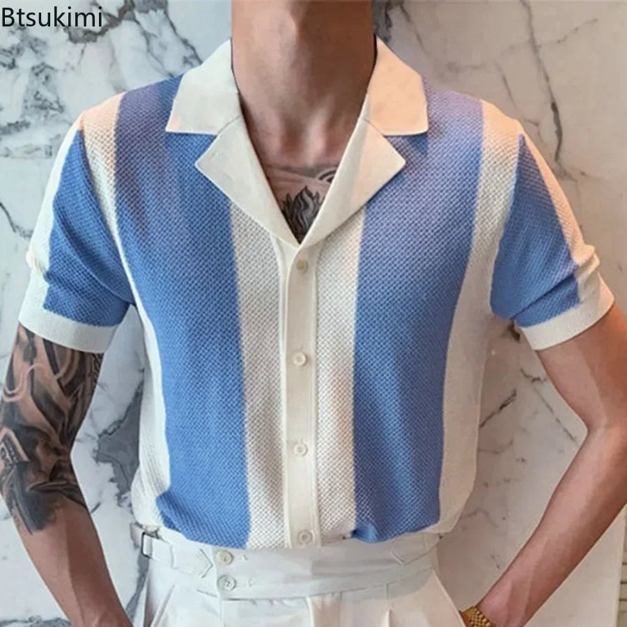 Men's Summer Short Sleeve Polo Shirts Knitted Business Formal Office Men's Summer Luxury Style Clothes Slim Cotton Shirts Male