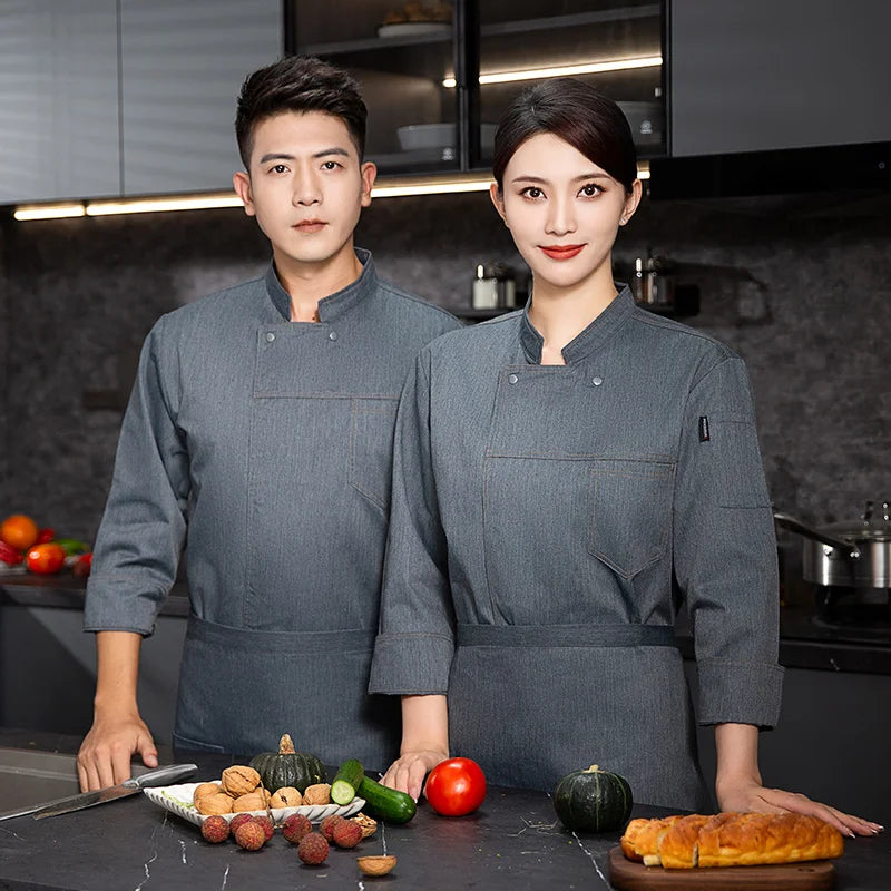 grey Chef uniform Long Sleeve chef jacket Cook Coat Chef T-shirt Baker Work Uniform Waiter Restaurant Hotel Clothes women Logo