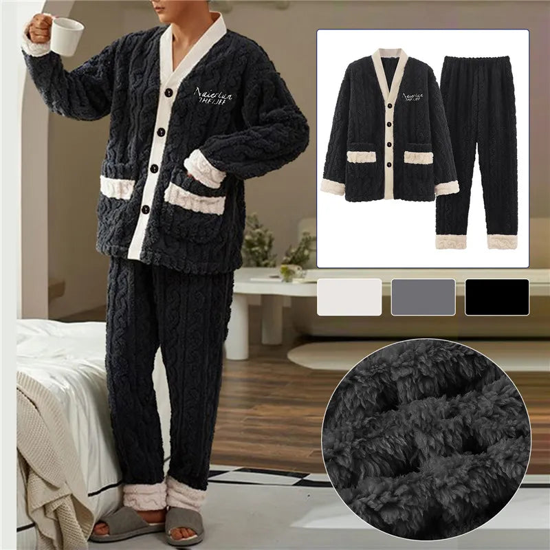 2024 New Men Winter Warm Flannel Pajamas Set V-Neck Fluffy Coat + Long Pants Male Sleepwear For Sleeping 2 Pieces Housewear 3xl