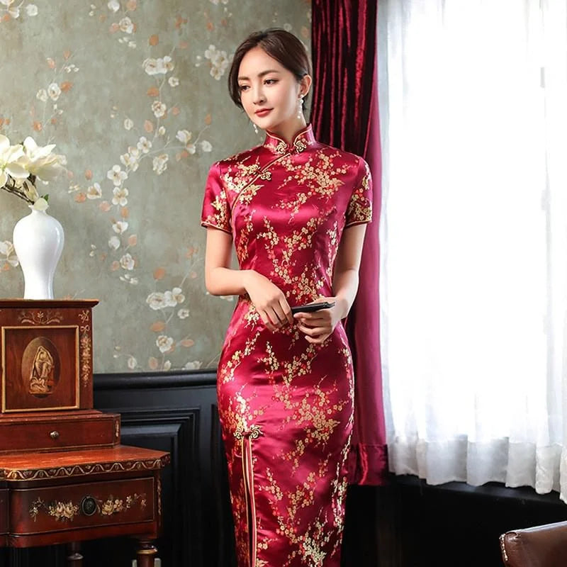 red Sexy Traditional Chinese Dragon Phoenix Qipao Dress Women Slim Split Long Cheongsam Plus Size Satin Vestidos Asian Clothing