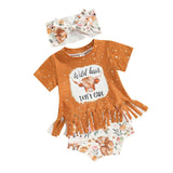 Toddler Baby Girl Western Outfit Wild Hair Don t Care Tassel T-shirt Cow Print Floral Bloomers Shorts Bow Headband