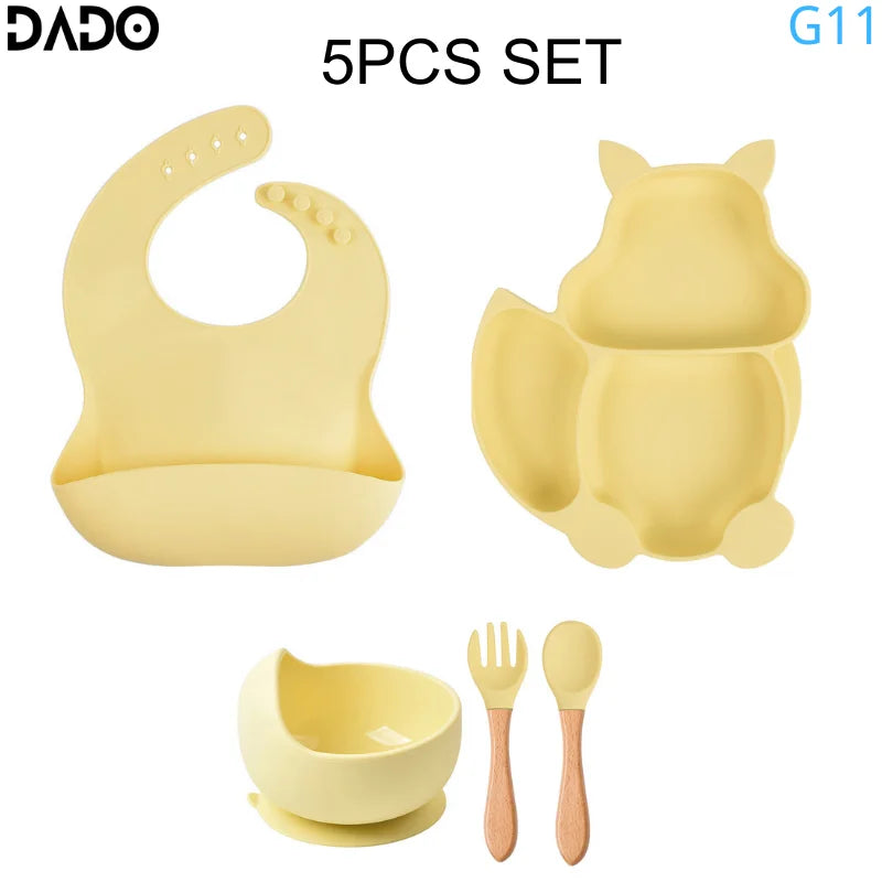 Baby Feeding Set Silicone Suction Bowls Divided Plates Straw Sippy Cup Toddler Self Eating Utensils Dishes Kit Bibs Spoons Fork