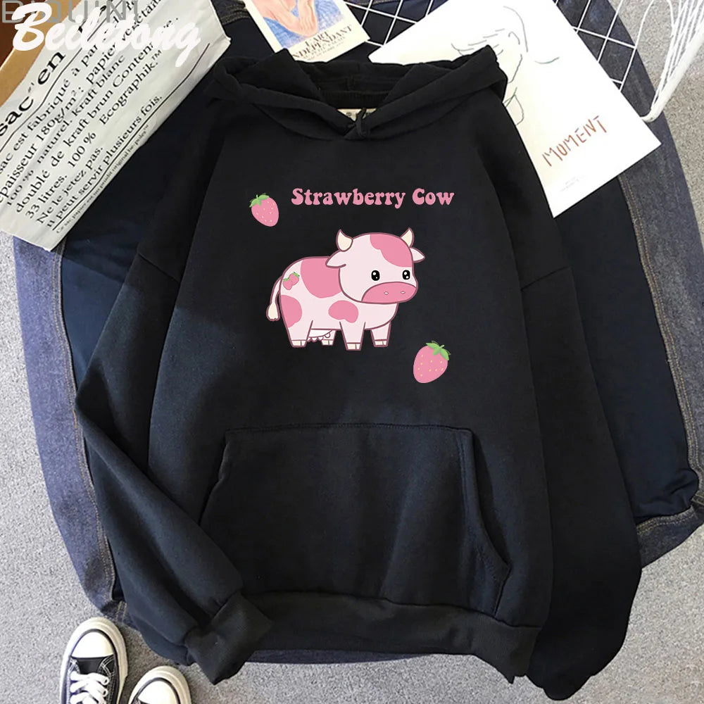 Cow And Strawberry Kawaii Women Hoodies Casual Pullover Plus Size Sweatshirt Autumn Winter Warm Girl Streetwear Clothes Tops