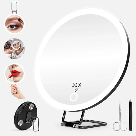 6 Inch Magnifying Mirror with Light, 5-30X Portable Travel Magnified Mirror with 360° Adjustable Stand and Suction Cup