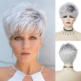 GNIMEGIL Synthetic Short Pixie Cut Wig Women Natural Hairstyle Bangs Wig Blonde Mix Brown Soft Straight Wig for Chemo Patient