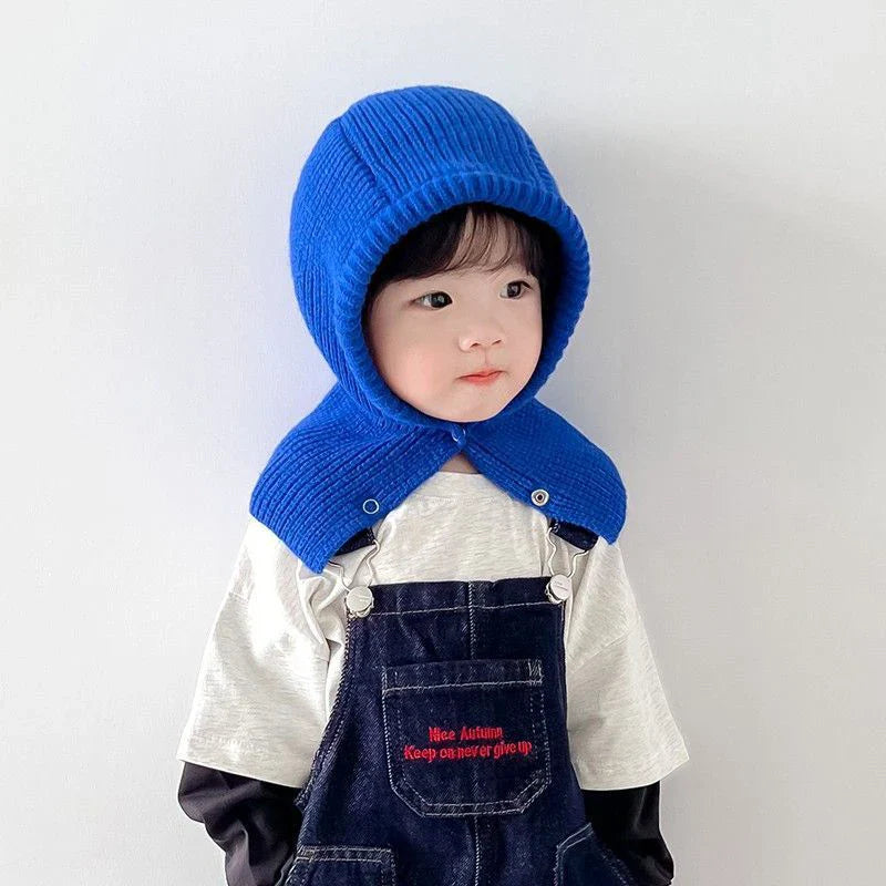 Korean Kids Balaclava Hat One Piece Scarf Cap Winter Warm Knitted Ear Protection Hat Solid Children Boys Girls Hooded Beanie