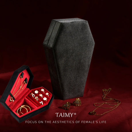 TAIMY Gothic Velvet Jewelry Coffin Shape Ring Necklace Storage Box Logo Custom Display Packaging Case Travel Hip Hop Rap Boxes