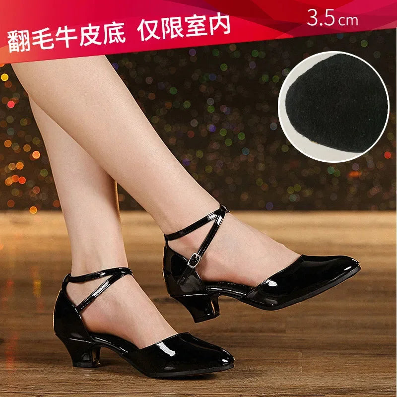 Women Glitter Leather Latin Dance Shoes Closed Toe Soft Sole Salsa Modern Shoe Tango Ballroom Dancing Shoes 3.5cm/5.5cm  Heel