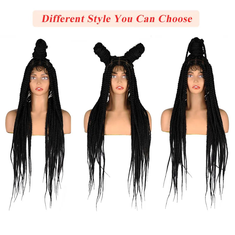 36" Full Lace Braided Wigs Synthetic Long Black Braided Wigs With Baby Hair 360 Lace Front Box Braids Wig Black Mix Burgundy Wig