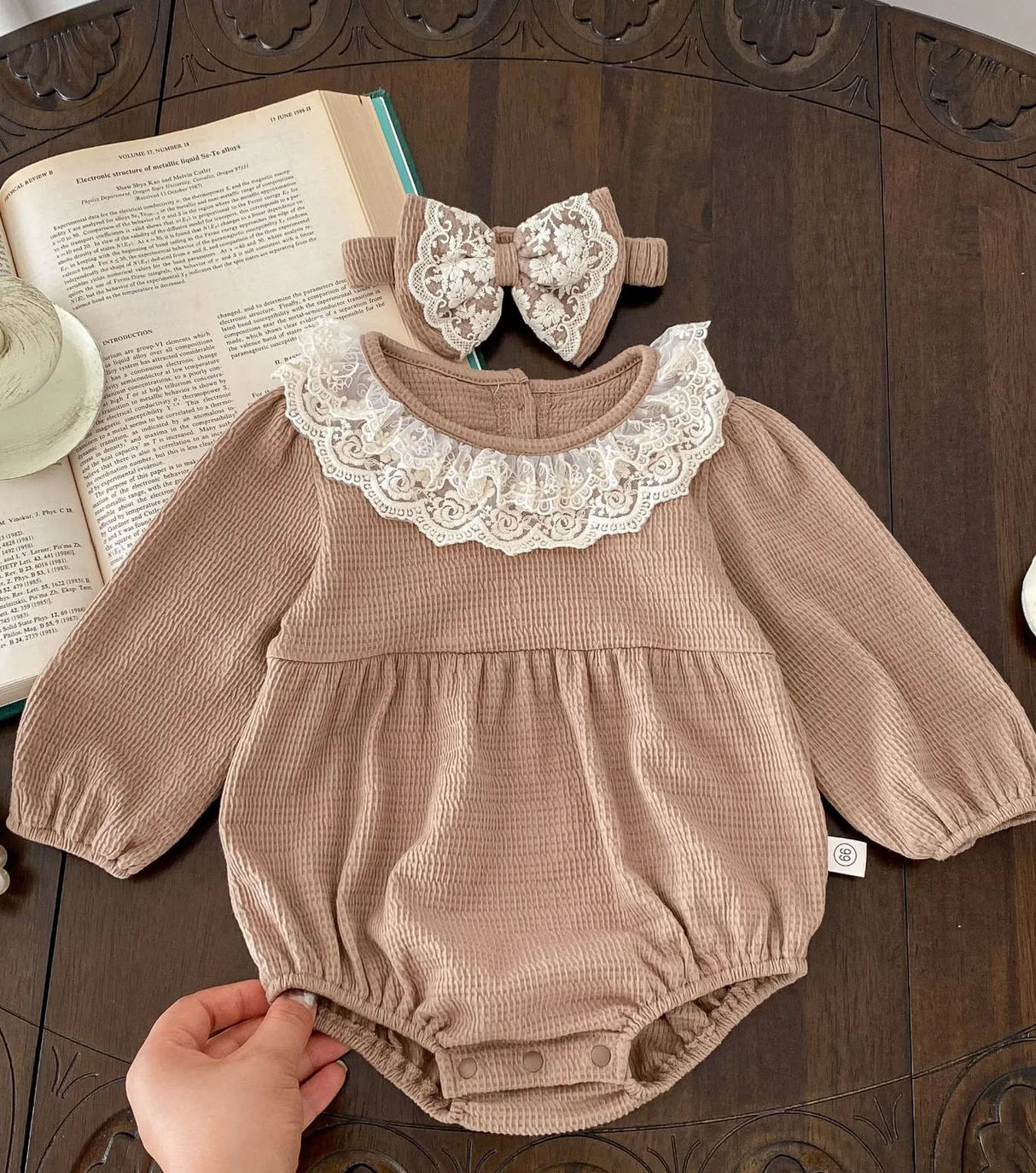 2PCS Spring Lace Collar Waffle Infant Baby Girl Bodysuit With Headband One Piece Romper for Newborns Cute Princess Set Clothing