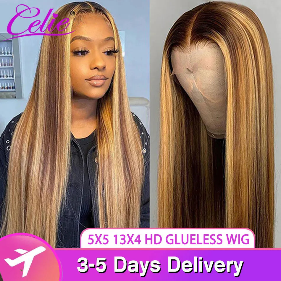 Celie Wear Go Straight Highlight Wig 5x5 Lace Closure Wig Honey Blond HD Lace Frontal Wig Glueless Lace Front Human Hair Wig