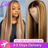 Celie Wear Go Straight Highlight Wig 5x5 Lace Closure Wig Honey Blond HD Lace Frontal Wig Glueless Lace Front Human Hair Wig