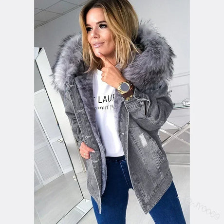 New 2024 Fashion Hooded Big Fur Collar Denim Jacket Women Casual Warm Mid-length Ripped Coat Denim Jacket for Women Denim