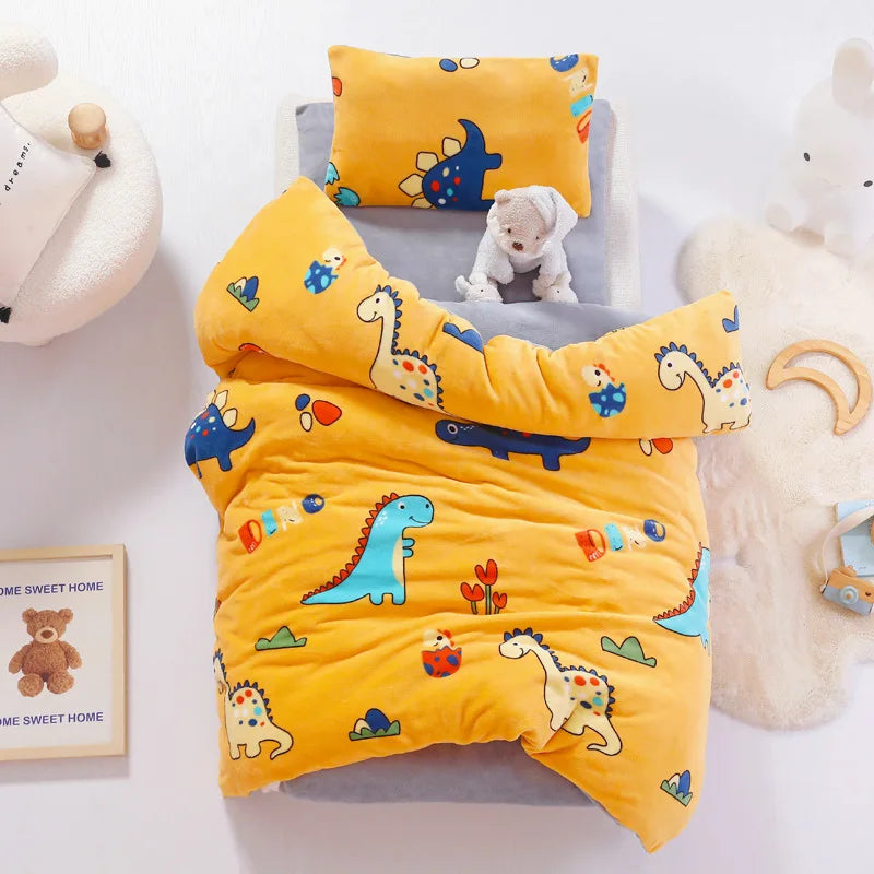 3pcs Cartoon Cotton Crib Linen Kit Baby Coral Fleece Bedding Set Includes Pillowcase Bed Sheet Duvet Cover Without Filler  CP11