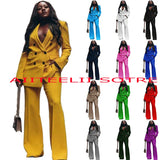 Women's Suit Double Breasted Jacket Yellow 2 Piece Loose Blazer Pants Lady Business Workwear Pants Set