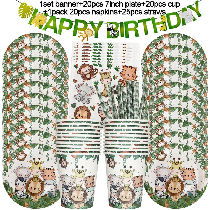 Jungle Birthday Party Decor Animal Palm Leaves Disposable Tableware Set Kids Boy Wild One Forest Safari Birthday Party Supplies